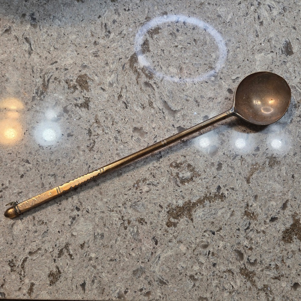 Vintage Handcrafted Long Handle Brass Spoon Etched Primitive Decorative Ladle 17 - Picture 2 of 13
